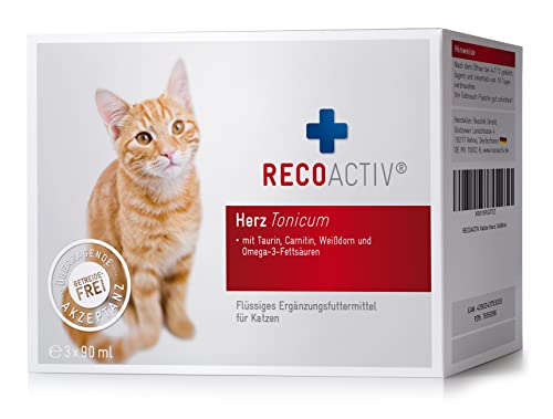 RECOACTIV Herz Tonicum für Katzen, 3 x 90 ml, Ergänzungsfuttermittel bei Herzfunktionsstörungen sowie zur Prophylaxe, mit Taurin, L-Carnitin, Omega-3-Fettsäuren und Weißdorn von RECOACTIV