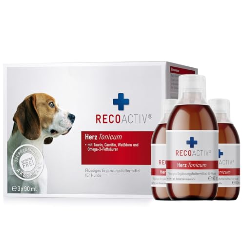 RECOACTIV Herz Tonicum für Hunde, 3 x 90 ml, Ergänzungsfuttermittel bei Herzfunktionsstörungen sowie zur Prophylaxe, mit L-Carnitin, Taurin, Omega-3-Fettsäuren und Weißdorn von RECOACTIV