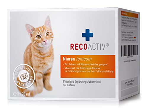 RECOACTIV Nieren Tonicum für Katzen, 3 x 90 ml, bei Anzeichen Einer Nierenfunktionsstörung, in der Rekonvaleszenz und zur Prophylaxe. Hochwertiges Protein, Appetit anregendes Ergänzungsfuttermittel von RECOACTIV