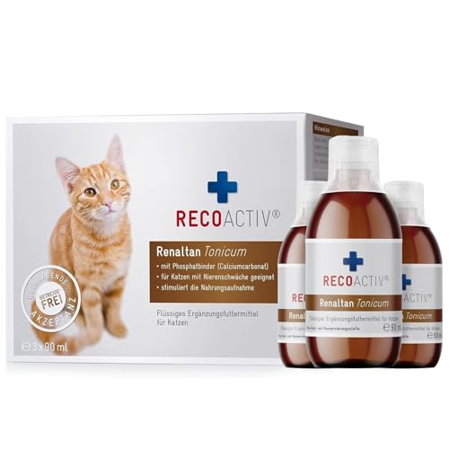 RECOACTIV Renaltan Tonicum für Katzen, 3 x 90 ml, mit Phosphatbinder zur Reduktion der Phosphataufnahme aus der Nahrung und Unterstützung der Nierenfunktion, Ergänzungsfuttermittel von RECOACTIV