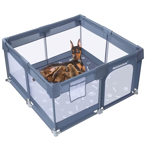 Haustier-Wachingbox | Haustierschienen | Welpen-Box für Hunde und Welpen – Indoor-Welpen-Welpenstall mit Schienen – Sanitär-Hunde-Wachstall – Welpen-Laufstall oder kleine Welpen – Größe 127 x 127 cm von REDDOUDOU