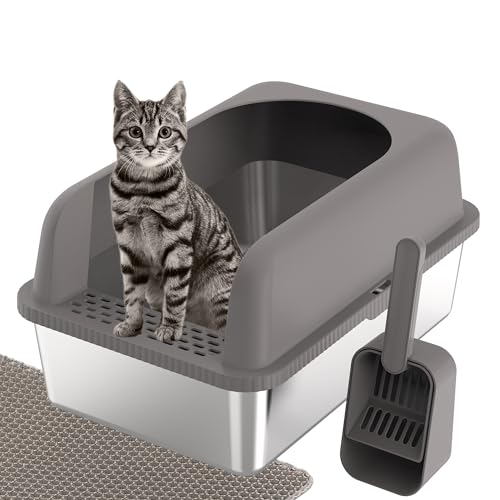 REDIAMS Katzentoilette aus Edelstahl, große Metall-Katzentoilette mit Deckel, hochseitige Katzentoilette für große Katzen, inklusive Katzentoilette und Schaufel, Dunkelgrau von REDIAMS