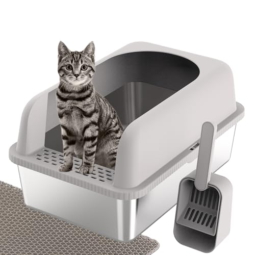 REDIAMS Katzentoilette aus Edelstahl, große Metall-Katzentoilette mit Deckel, hochseitige Katzentoilette für große Katzen, inklusive Katzentoilette und Schaufel, Hellgrau von REDIAMS