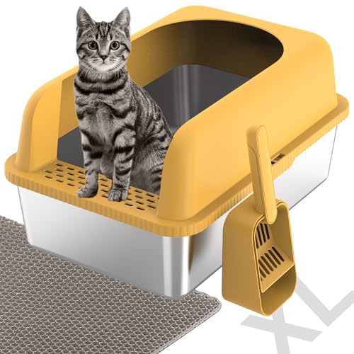 REDIAMS Katzentoilette aus Edelstahl mit Deckel, extra große Metall-Katzentoilette für große Katzen, geschlossene Katzentoilette, inklusive Katzentoilette und Schaufel, Gelb von REDIAMS