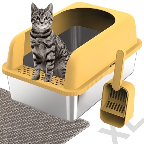 REDIAMS Katzentoilette aus Edelstahl mit Deckel, extra große Metall-Katzentoilette für große Katzen, geschlossene Katzentoilette, inklusive Katzentoilette und Schaufel, Gelb von REDIAMS