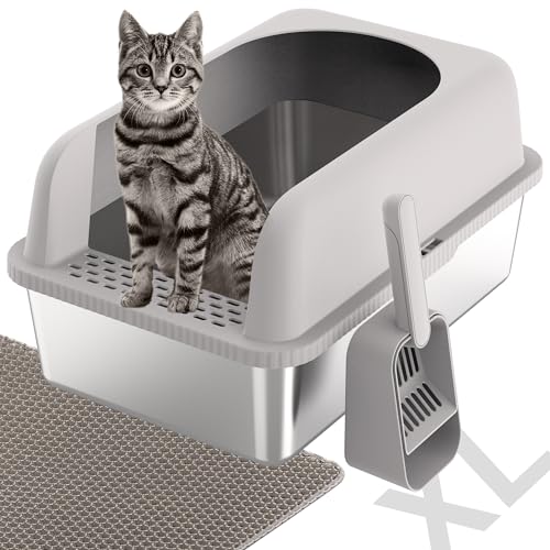 XL Edelstahl-Katzentoilette für große Katzen, extra große Metall-Katzentoilette mit hohem Seitendeckel/Deckel, geschlossene Katzentoilette, hellgraue Katzentoilette und Schaufel im Lieferumfang von REDIAMS