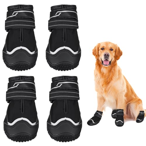 REESTBOO Hundeschuhe, 4er-Set Hundeschuhe Pfotenschutz Hundestiefel mit Anti-Rutsch Sohle, Reflektierendem Riemen, Klettverschluss, Pfotenschutz Schneeschuhe für Mittlere und Große Hund, Schwarz (6#) von REESTBOO