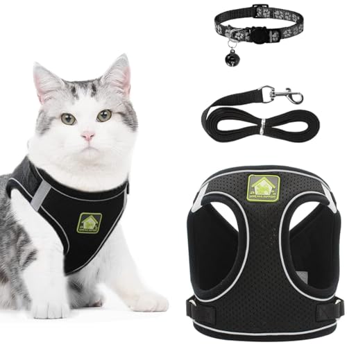 REESTBOO Katzengeschirr mit Leine Set, Ausbruchsicher Katzen Geschirr mit Katzenleine und Halsband, Verstellbares Reflektierende Katzengurt für Katzen Kitten Outdoor, Schwarz (XS) von REESTBOO