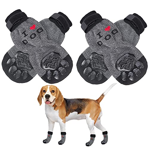 REESTBOO Hundesocken, 2 Paar Doppelseitiges Anti Rutsch Indoor Socken für Hunde mit Verstellbarer Rieme, Pfotenschutz Sommer Haustierpfoten Schutz Traktion Kontrolle Socken auf Hartholzboden, Grau (L) von REESTBOO