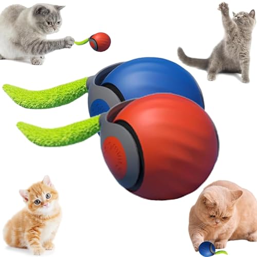 2025 Interaktives Katzenspielzeug der neuen Generation, interaktiver spielball für katzen, intelligenter interaktiver Katzenspielzeugball, interaktiver spielball mit schwanz für katzen (Blau Rot) von REGAPOG