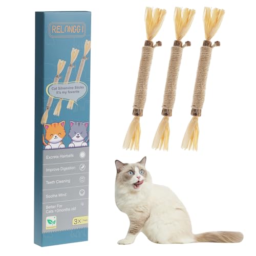 RELONGGI 3 Stück natürliche Silvervine Sticks Katzenspielzeug, Katzenminze, Zahnspielzeug für Kätzchen, Zahnreinigung, Matatabi-Zahnpflege, Katzen- und Kätzchen-Kauspielzeug für aggressives Kauen, von RELONGGI