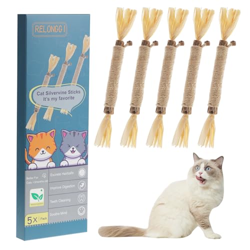 RELONGGI 5 Stück Katzenminze Sticks - Natürliches Katzenspielzeug mit Zahnpflege für Katzen | Kautspielzeug gegen Langeweile von RELONGGI