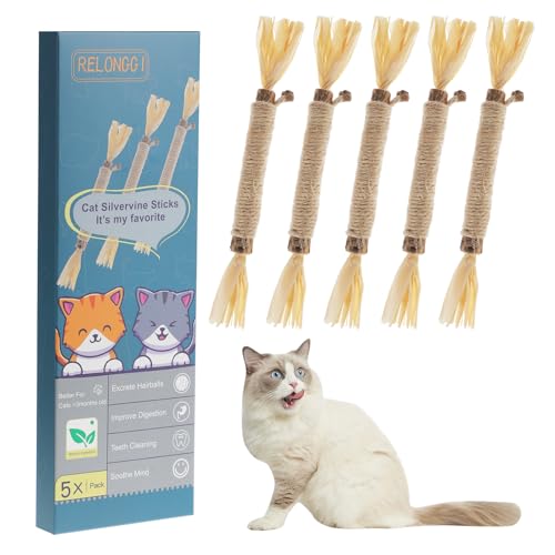 RELONGGI 5 Stück natürliche Silvervine Sticks Katzenspielzeug, Katzenminze, Zahnspielzeug für Kätzchen, Zahnreinigung, Matatabi-Zahnpflege, Katzen- und Kätzchen-Kauspielzeug für aggressives Kauen, von RELONGGI