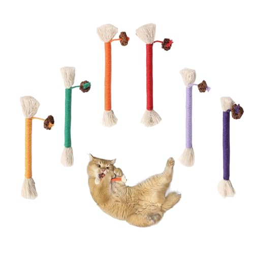 RELONGGI Katze Seil Spielzeug, 6 Pack interaktive Catnip Spielzeug, Katze kauen Seil mit Silvervine Obst, Katze Baumwollseil Zähne Reinigung, Katze Dental Spielzeug für Katzen und Kätzchen (6-kurz) von RELONGGI