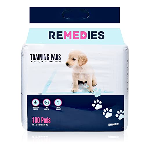 REMEDIES Ultra saugfähige Welpen-Trainingsunterlagen, 100 Stück, robuste Einweg-Hunde-Pee-Unterlagen mit super saugfähiger Füllung, 100 % wasserdicht, für Boden und Kisten, 55.9x55.9 cm von REMEDIES