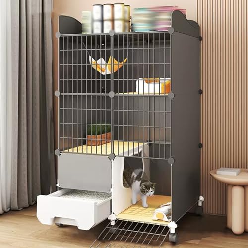 Katzenkäfig mit Katzentoilette, Katzengehege mit 360°-Lenkrollen und Katzenkletterleiter, Laufstall für Haustiere im Innenbereich, Abnehmbarer Kleintierkäfig aus Metalldraht (Größe von RENQIDIAN