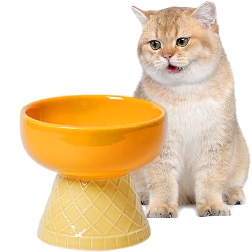 Erhöhte Futternäpfe für Katzen, Schnurrhaar, schützt die Wirbelsäule der Katze, geneigter Katzenfutter, Wassernapf für Innenkatzen, mikrowellen- und spülmaschinenfest (Orange flach) von RETROSOHOO