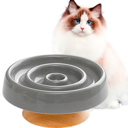 Slow Feeder Katzennapf, Keramik, erhöhter Schnurrhaar, freundlich, ergonomisch, Anti-Erbrechen, Katzenfutterschale mit Holzständer, Katzen-Hunde-Futterspender für gesunde Ernährung (Grau) von RETROSOHOO