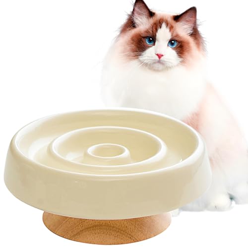 Slow Feeder Katzennapf, Keramik, erhöhter Schnurrhaar, freundlich, ergonomisch, Anti-Erbrechen, Katzenfutterschale mit Holzständer, Katzen-Hunde-Futterspender für gesunde Ernährung (Weiß) von RETROSOHOO