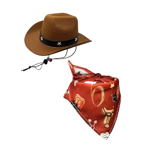 Braunes Cowboyhut-Set für Hund und Katze, Haustierhut mit Bandana, Zubehör für Halloween, Westerngeburtstage, Party von REU GLOBAL