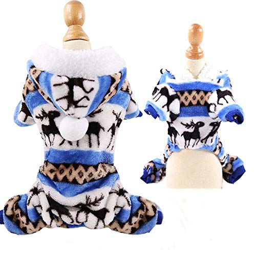 RFDFG Kleine Hundekleidung Warm Winter Pet Dog Jumpsuit Weiches Fleece Puppy Hoodie Herbsthundekleidung für Teddy Pomeranian XS-XXL, Blue Deer, XL von RFDFG