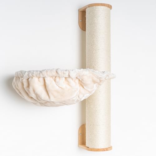 RHRQuality Katze Wand kratzstamm mit Hängematte Liegemulde XXL Wandmöbel Kletterwand wandmontage groß (Bis 20KG) für große Katzen (Beige) von RHRQUALITY