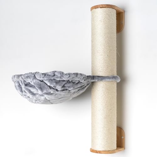 RHRQuality Katze Wand kratzstamm mit Hängematte Liegemulde XXL Wandmöbel Kletterwand wandmontage groß (Bis 20KG) für große Katzen (Hell Grau) von RHRQUALITY