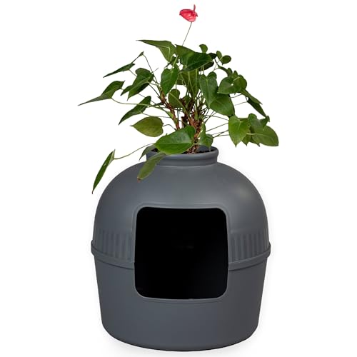 RHRQuality Katzentoilette Flower XXL unsichtbare Katzenklo mit Deckel 51Ø x 55cm (Grau) von RHRQUALITY