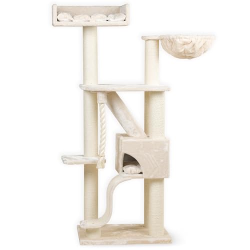 RHRQuality Kratzbaum Kilimandjaro de Luxe für Größe Katze mit Ø 12cm Sisalstamme - großer Liegefläche & Hängmatte für Katzen - der perfekte Spielplatz für Ihren Katzenfreund (Normal, Beige) von RHRQUALITY