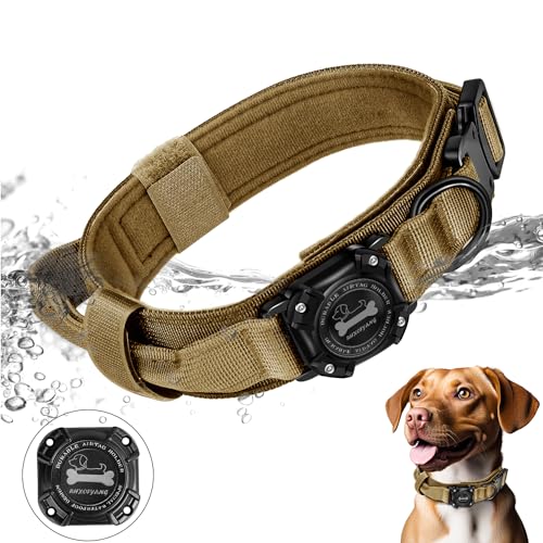 RHXOFYANG Hundehalsband mit Airtag-Halter, Airtag Hundehalsband IP68 Wasserdicht mit Kontrollgriff und Metallschnalle, Militärische Taktische Air Tag Hundehalsbandhalter für mittelgroße große Hunde von RHXOFYANG