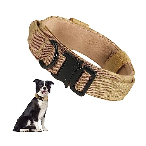 RHXOFYANG Taktisches Hundehalsband mit Griff, robustes Militär-Hundehalsband mit Schwermetallschnalle für Training, verstellbare taktische Halsbänder für mittelgroße und große Hunde (L, Braun) von RHXOFYANG