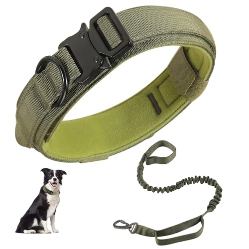 RHXOFYANG Taktisches Hundehalsband und Leine, verstellbar, Militär-Nylon, Bungee-Leine und Halsband mit Griff und schwerer Metallschnalle, Hundetrainingshalsband-Leinen-Set für mittelgroße und große von RHXOFYANG