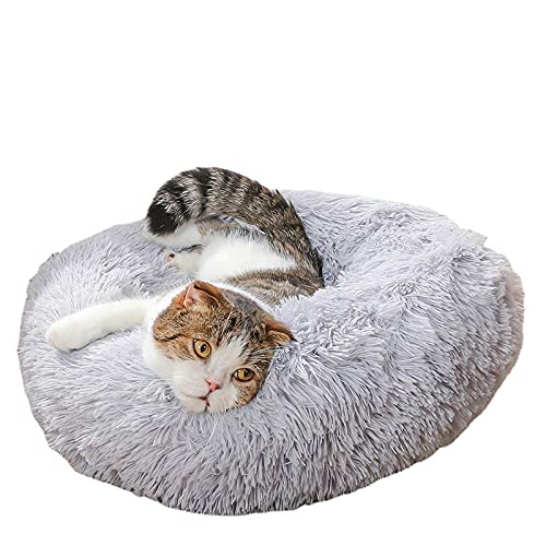 RICHRAIN Donut Beruhigendes Katzen- und Hundebett, Plüsch, waschbar, superweich und flauschig, für warmes Schlafen, 50 cm, Hellgrau von RICHRAIN