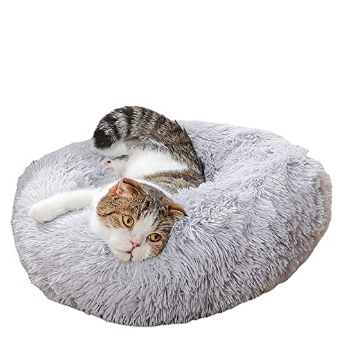 RICHRAIN Donut beruhigendes Katzen- und Hundebett, groß, mittelgroß, klein, Plüsch, waschbar, superweich und flauschig, für warmes Schlafen (40 cm, hellgrau) von RICHRAIN