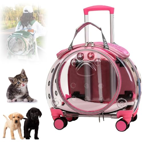 Katzentragetasche mit Rädern, transparenter und vollständig atmungsaktiver Haustiertrage-Rucksack, Haustier-Trolley-Rucksack, tragbarer Reiserucksack for Katzen und Hunde for Reisen/Spazierengehen(Pin von RIEONA