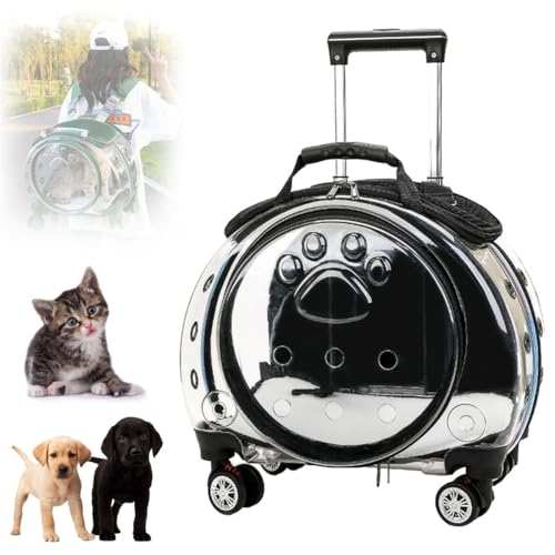 Katzentragetasche mit Rädern, transparenter und vollständig atmungsaktiver Haustiertrage-Rucksack, Haustier-Trolley-Rucksack, tragbarer Reiserucksack for Katzen und Hunde for Reisen/Spazierengehen(Bla von RIEONA