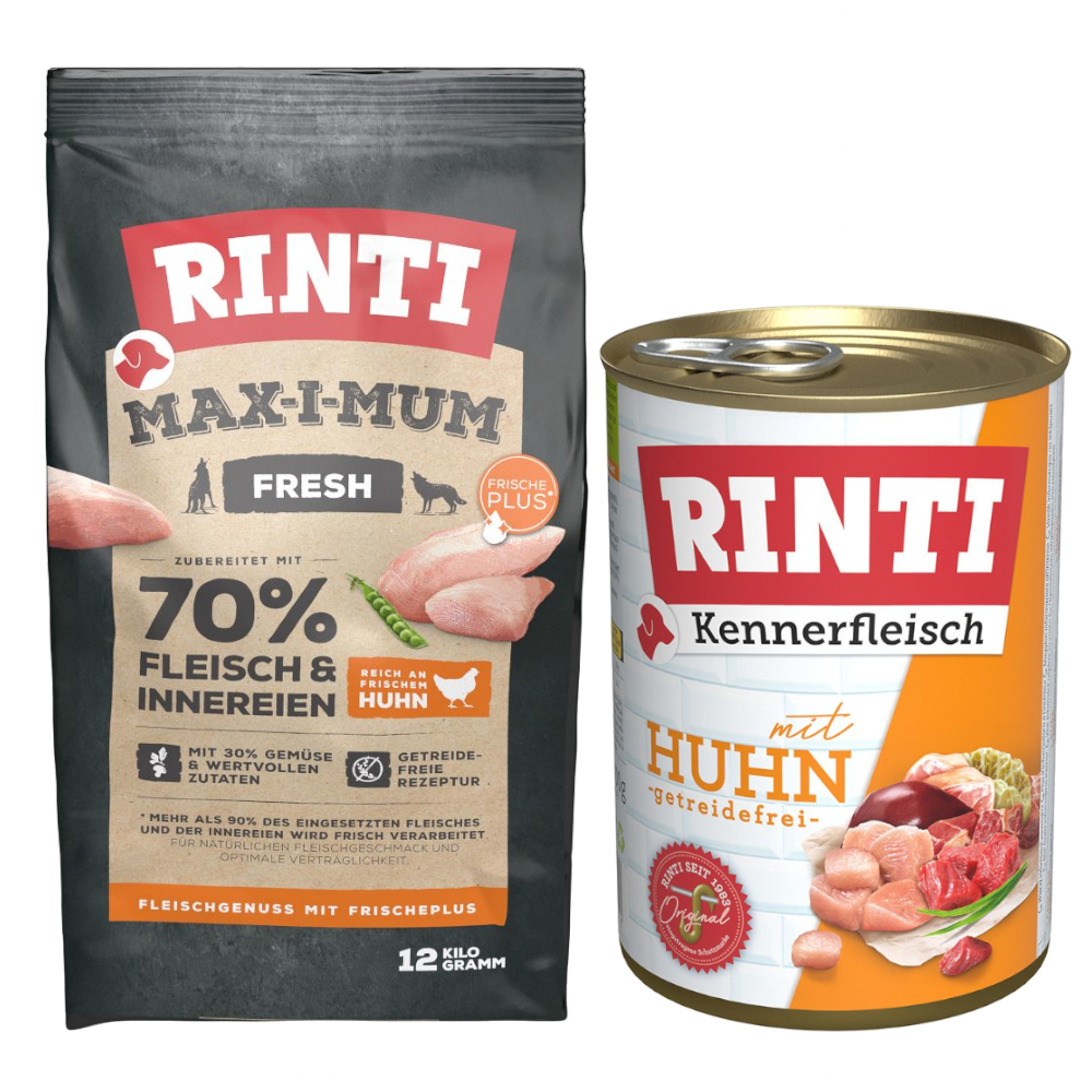 RINTI Kombi-Paket: 12 kg Max-i-mum + 12 x 400 g Kennerfleisch - Huhn: 12 kg Max-i-mum + 12 x 400 g Kennerfleisch von RINTI Max-i-mum