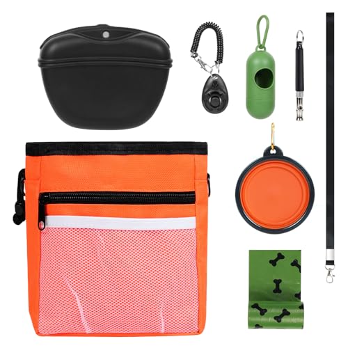 RINWUNS Leckerli-Tasche für Hunde mit Trainings-Klicker, stärkerer Magnetverschluss, um Verschütten zu vermeiden, Silikon-Leckerli-Tasche mit Hüftgurt für Haustier-Training, Spazierengehen, Orange von RINWUNS