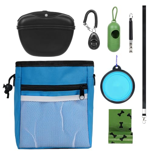 RINWUNS Leckerli-Tasche für Hunde mit Trainings-Klicker, stärkerer Magnetverschluss, um Verschütten zu vermeiden, Silikon-Leckerli-Tasche mit Hüftgurt für Haustier-Training, Spazierengehen, Blau von RINWUNS