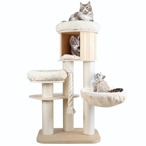 Robuster Kratzbaum für Indoor-Katzen, groß, moderner hoher Katzenturm mit Kratzbaum, niedliche Katzenhütte, Kletterturm aus Holz mit Hängematte, ästhetische Luxus-Katzenmöbel von Rio & Roxy von RIO & ROXY