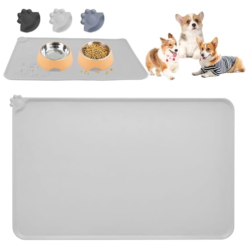 RISVOWO Napfunterlage Hund Katzen, 48x30cm Napfunterlage Silikon, wasserdichte Und rutschfeste Silikon Fressnapf Unterlage, Haustierfuttermatte für Futternäpfe Placemats (Hellgrau) von RISVOWO