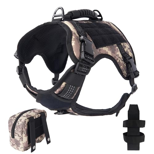 RIXBEO Taktisches Hundegeschirr, strapazierfähiges Hundegeschirr, verstellbar, atmungsaktiv, Haustiergeschirr mit MOLLE-Panel, kleiner Tasche und Flaschenhalter, für große Hunde, Camouflage, Größe L von RIXBEO