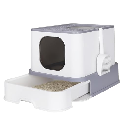 RIZZARI Katzentoilette, Faltbare Katzenbox mit Schublade, Große Kapazität Katzentoilette mit Deckel, Top Opening Litter Pan für Kleine bis Große Katzen (Hellgrau) von RIZZARI