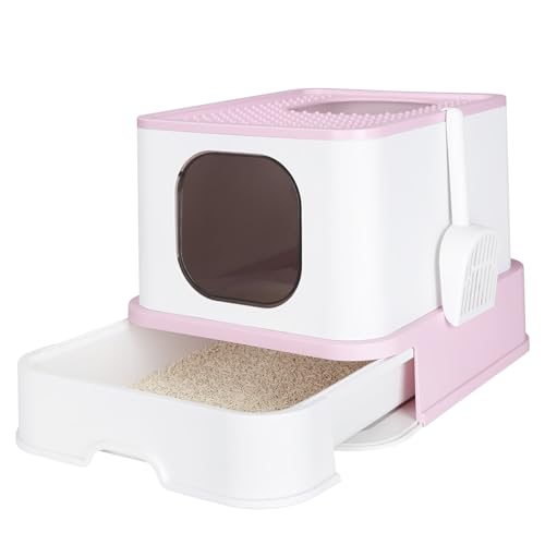 RIZZARI Katzentoilette, Faltbare Katzenbox mit Schublade, Große Kapazität Katzentoilette mit Deckel, Top Opening Litter Pan für Kleine bis Große Katzen (Rosa) von RIZZARI