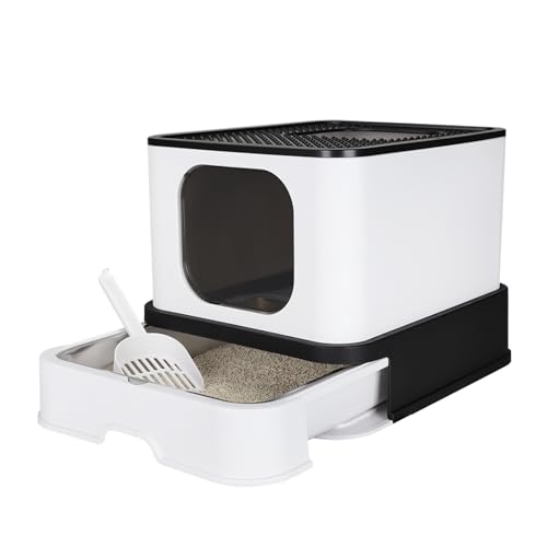 RIZZARI Katzentoilette, Faltbare Katzenbox mit Schublade, Große Kapazität Katzentoilette mit Deckel, Top Opening Litter Pan für Kleine bis Große Katzen (Schwarz-Edelstahlbecken) von RIZZARI