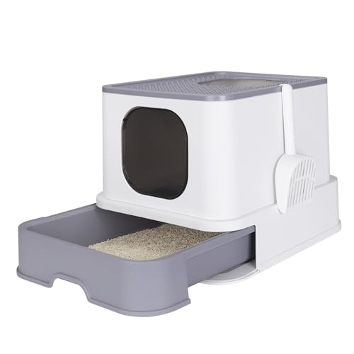 RIZZARI Katzentoilette, Faltbare Katzenbox mit Schublade, Große Kapazität Katzentoilette mit Deckel, Top Opening Litter Pan für Kleine bis Große Katzen (Weiß) von RIZZARI