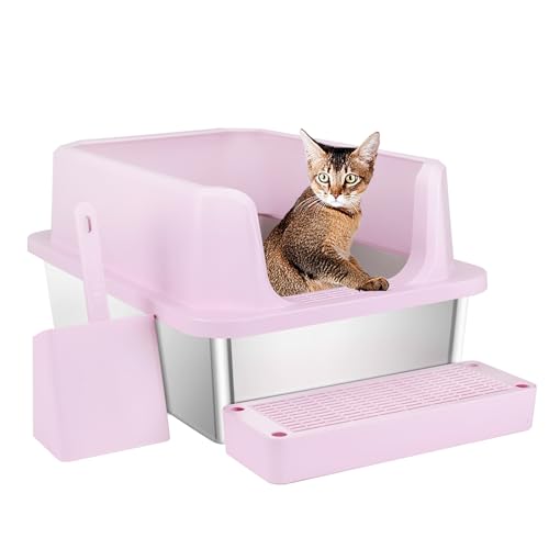 RIZZARI Katzentoilette aus Edelstahl, halbgeschlossene Katzentoilette mit erhöhten Kanten, auslaufsicher & geruchlos, große Katzentoilette für kleine bis große Katzen (Rosa) von RIZZARI