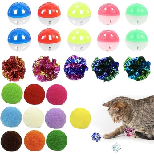 RJFUJP 25 Stück Katzenbälle, Katzenbälle, Katzenbälle, Katzenballspielzeug, interaktives Pompon-Ball-Spielzeug (10 farbige Papierbälle, 5 farbige Papierbälle, 10 Macron-farbige Papierbälle) von RJFUJP