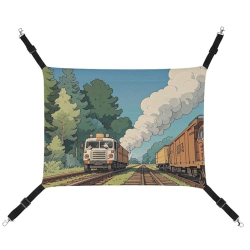 Atmungsaktive Haustier-Hängematte mit verstellbaren Riemen, ländliche Lokomotive, Raucherbahn, bedruckt, wendbar, Katzenbett, Hundematten für kleine Kaninchen, Frettchen, Meerschweinchen, 42 x 33 cm von RKJVB