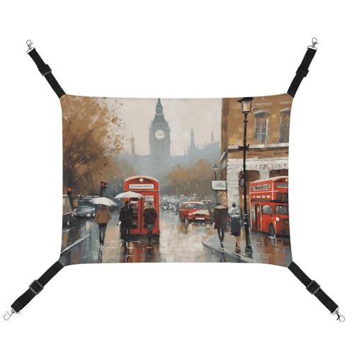 RKJVB Atmungsaktive Haustier-Hängematte mit verstellbaren Riemen, London-Druck, wendbar, Katzenbett, Hundematten für kleine Kaninchen, Frettchen, Meerschweinchen, 42 x 33 cm von RKJVB